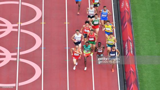 (Fron R-L) An overview shows Spain's Sebastian Martos, Ethiopia's Getnet Wale, Kenya's Abraham Kibiwot and France's Louis Gilavert competing in the men's 3000m steeplechase heats during the Tokyo 2020 Olympic Games at the Olympic Stadium in Tokyo on July 30, 2021. (Photo by Antonin THUILLIER / AFP) (Photo by ANTONIN THUILLIER/AFP via Getty Images)