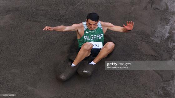TOKYO, JAPAN - AUGUST 05: Yasser Mohamed Triki of Team Algeria competes in the Men's Triple Jump Final on day thirteen of the Tokyo 2020 Olympic Games at Olympic Stadium on August 05, 2021 in Tokyo, Japan. (Photo by Richard Heathcote/Getty Images)